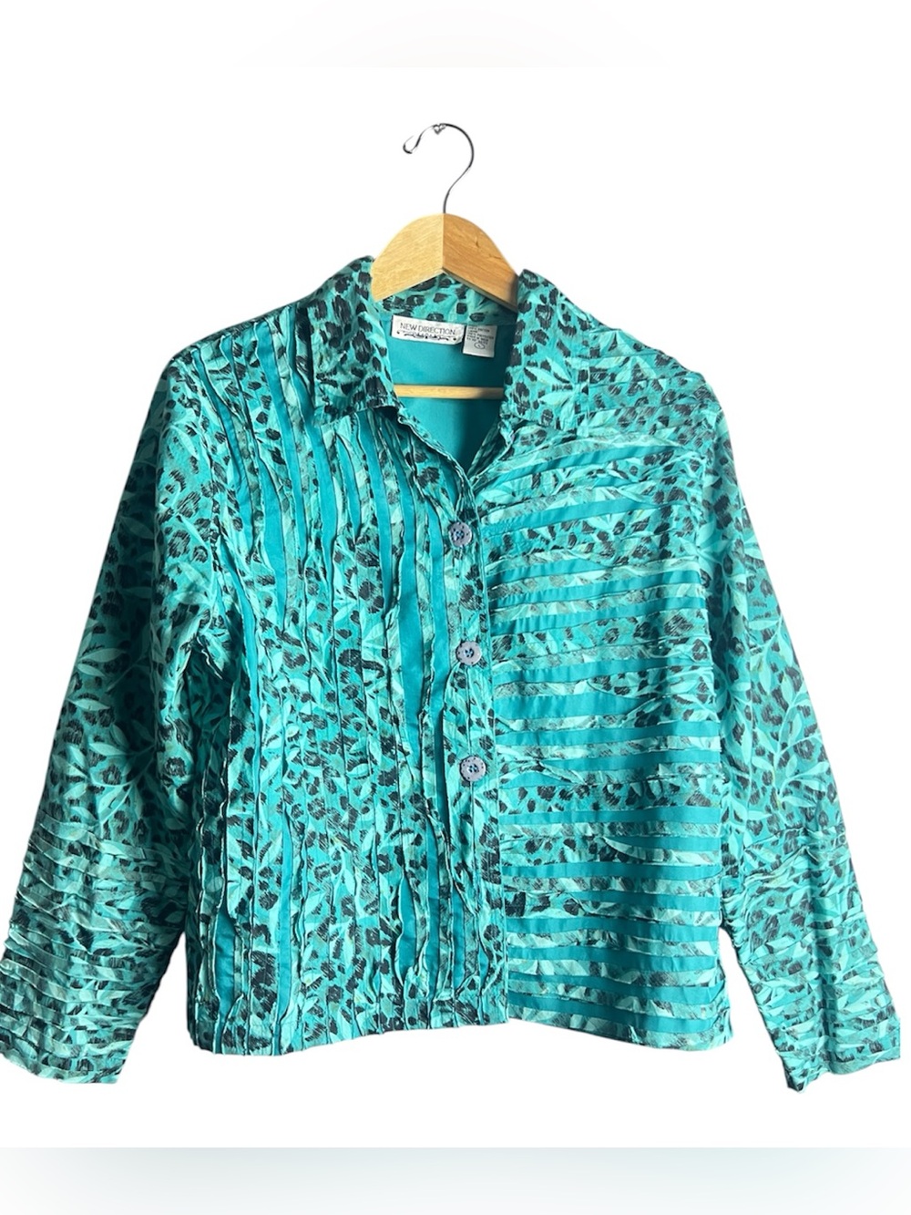 New Direction Vintage Teal Crinkle Textured Button Up Blouse Jacket Print Size L